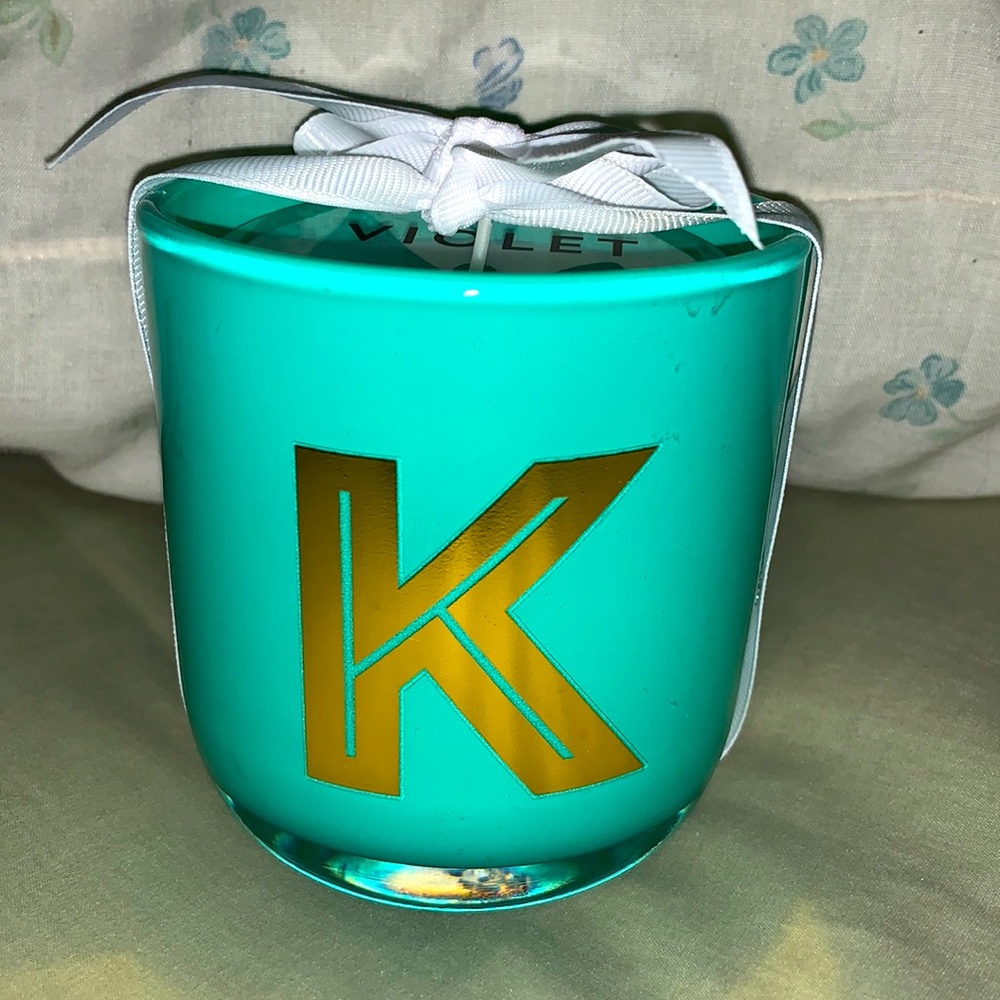 Gorgeous green initial monogrammed glass jar candle in violet scent 4 gift